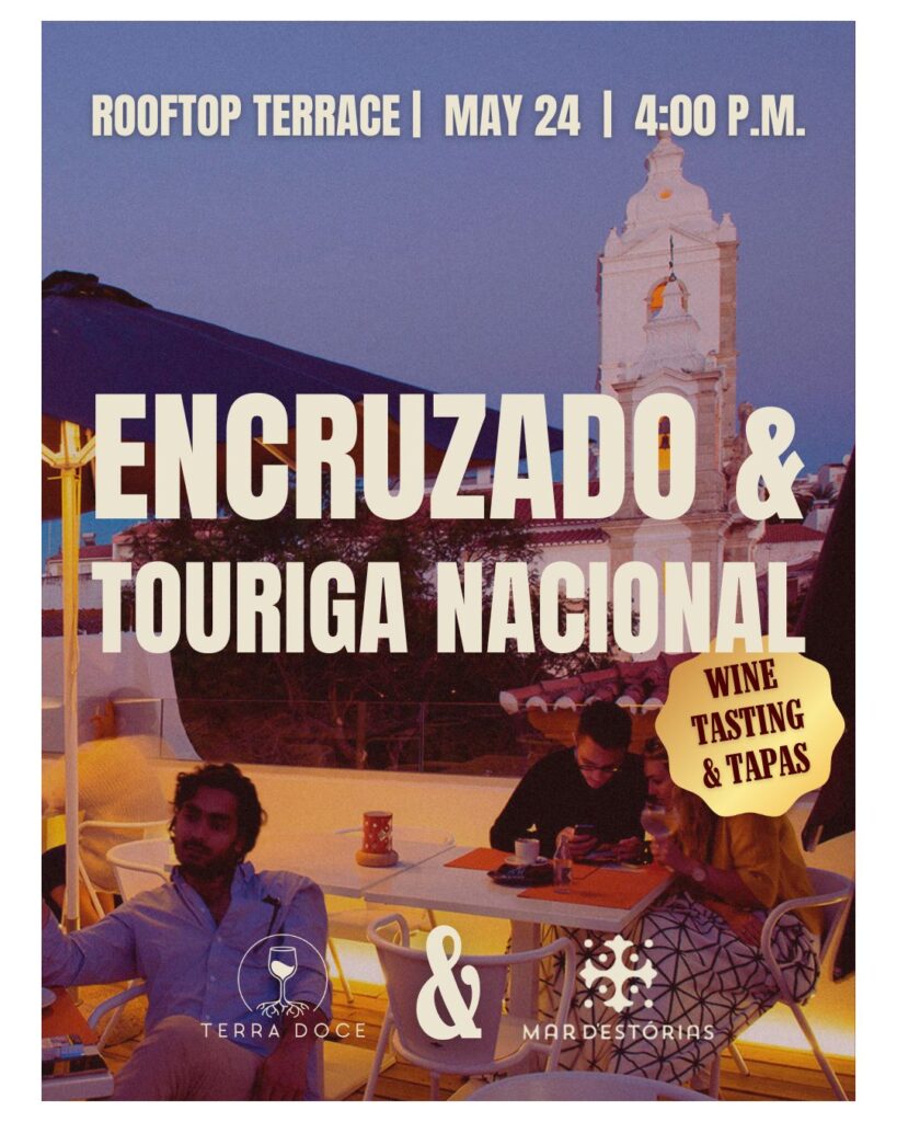 Promotional poster for an Encruzado and Touriga Nacional wine tasting at Mar d'Estórias in Lagos, featuring a rooftop terrace at sunset overlooking the historic city centre.