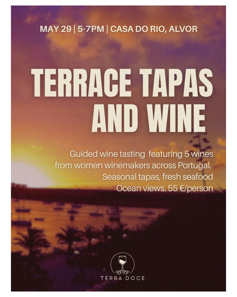 Promotional poster for a Terrace, Tapas & Women in Wine tasting event at Casa do Rio in Alvor, featuring a sunset terrace view over the water with warm evening tones.