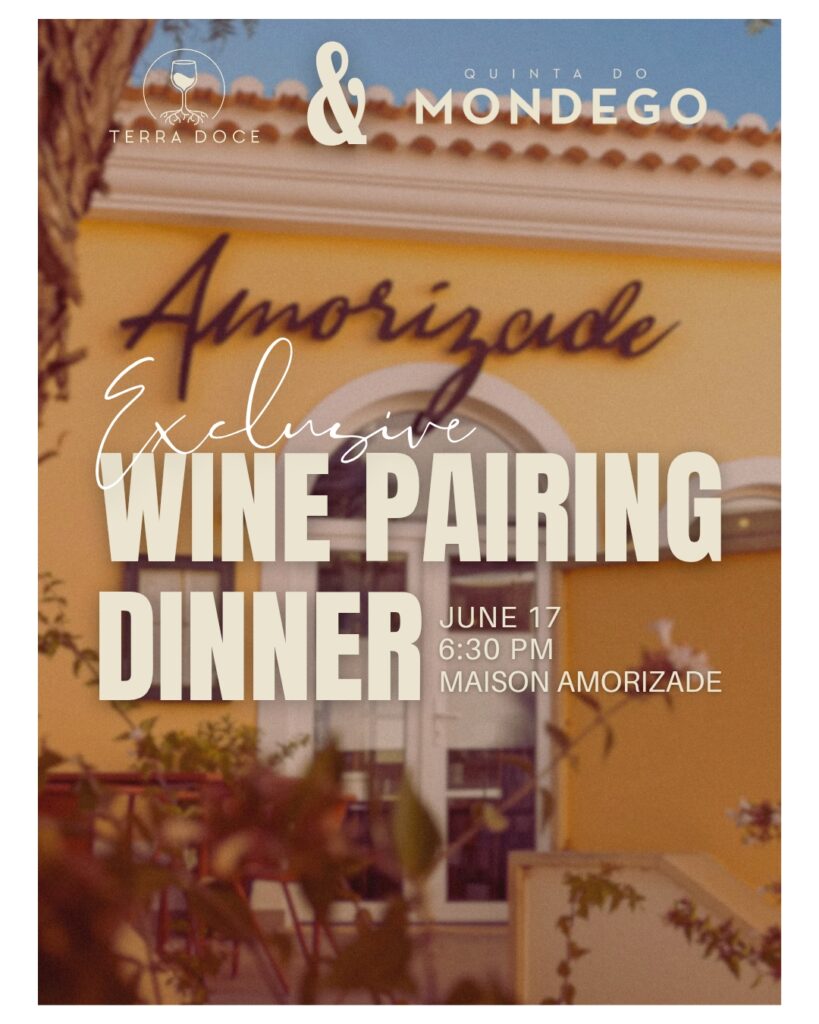Promotional poster for a Terra Doce wine pairing dinner with Quinta do Mondego at Amorizade in Lagos. The image features the yellow exterior of Maison Amorizade with elegant typography announcing an exclusive wine pairing dinner on June 17 at 6:30 p.m.