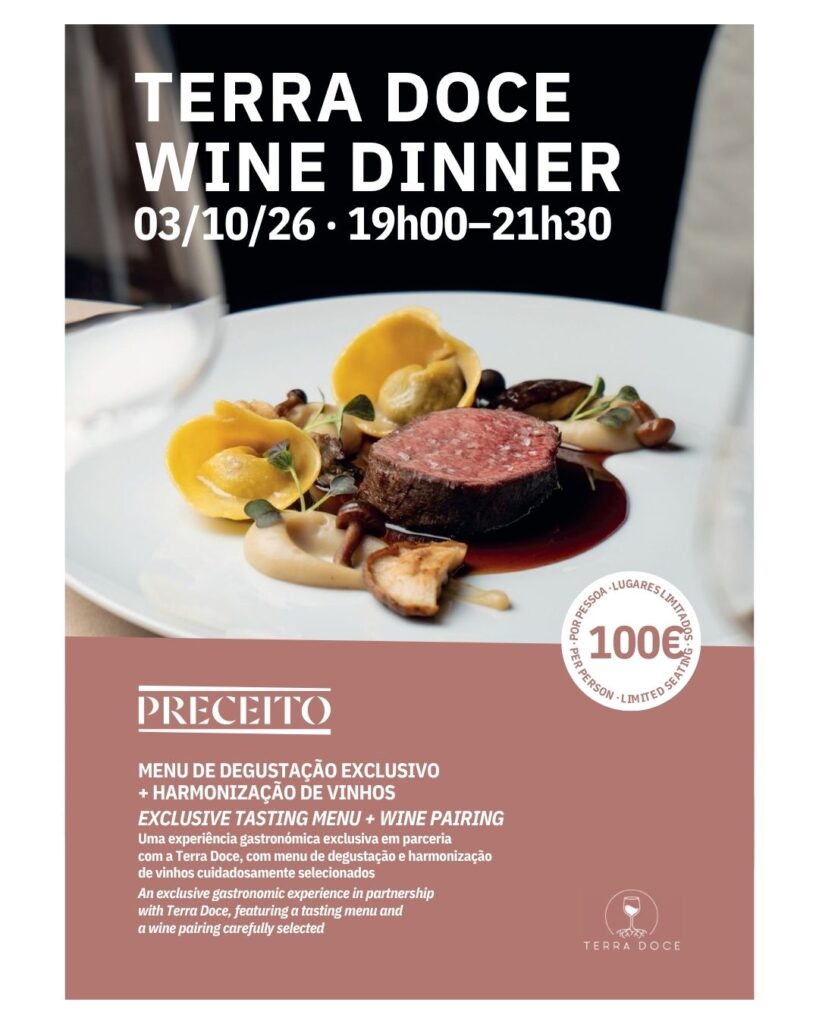 Terra Doce Wine Dinner at Preceito, Palmares, on 3 October 2026, with an exclusive tasting menu and Portuguese wine pairing.